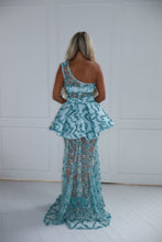 Load image into Gallery viewer, The PENELOPE Maxi Dress and Peplum Belt - Blue Sequin Lace