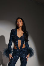 Load image into Gallery viewer, The CELESTE Sequin Bodysuit and Trousers with Luce Jewels and Feather Cuffs