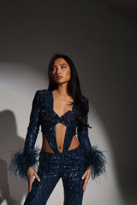 The CELESTE Sequin Bodysuit and Trousers with Luce Jewels and Feather Cuffs