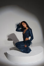 Load image into Gallery viewer, The CELESTE Sequin Bodysuit and Trousers with Luce Jewels and Feather Cuffs