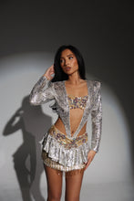 Load image into Gallery viewer, The LARISA Bodysuit and Skirt in Sparkle Zebra with Jewels and Beaded Tassels (Silver/Gold)