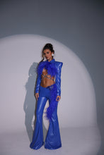 Load image into Gallery viewer, The VIOLET Cropped Jacket and Faux Leather Trousers with Feathers and Diamond Embellishments (Electric Blue)