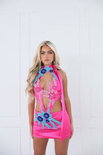 Load image into Gallery viewer, The PETALUXE Mini Dress - Pink Stretch Satin with Floral Diamond Embellishments