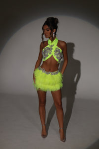 The JIANNA Feather Skirt and Wrap Top with Embellishments