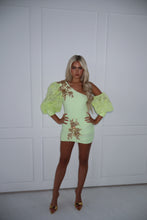 Load image into Gallery viewer, The KIKO Bodysuit and Skirt - Stretch Body with Gold Embellishments and Beaded Lace Sleeves (Lime)