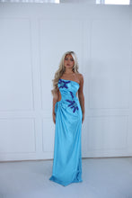 Load image into Gallery viewer, The GLOWYN Stretch Satin Maxi Dress with Floral Diamonte Embellishments (Blue)