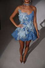 Load image into Gallery viewer, The MORGANA Denim Puffball Dress with 3D Flowers and Chain Choker