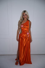 Load image into Gallery viewer, The GLOWYN Stretch Satin Maxi Dress with Floral Diamonte Embellishments (Orange)