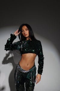 The BLAISE Sequin Top and Trousers with Statement Chain Details