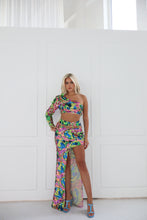 Load image into Gallery viewer, The ROSARA Top and Skirt in Printed Sequin with Green Safety Pin Features