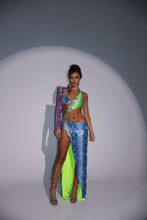 Load image into Gallery viewer, The ALICIA Dress with Split Leg Maxi Skirt in Multicolour Snake Print Sequin with Diamonte Snake Appliqués (Knicker Included)