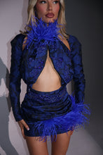 Load image into Gallery viewer, The AMELIA Dress with Ruched Belt, Sleeves,  Feathers and Diamond Embellishments (Blue)