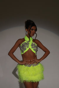 The JIANNA Feather Skirt and Wrap Top with Embellishments