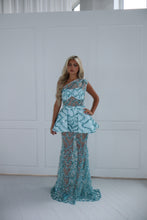 Load image into Gallery viewer, The PENELOPE Maxi Dress and Peplum Belt - Blue Sequin Lace