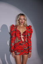 Load image into Gallery viewer, The MAEVE Dress in Textured Black and Red Lace with Diamond Embellishments