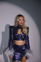 Load image into Gallery viewer, The ESTELLA Cropped Jacket with Feather Cuffs and Diamond Embellishments (Navy Sparkle)