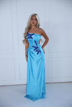 Load image into Gallery viewer, The GLOWYN Stretch Satin Maxi Dress with Floral Diamonte Embellishments (Blue)