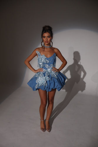 The MORGANA Denim Puffball Dress with 3D Flowers and Chain Choker