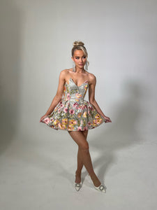 The KEONI Dress in Silver / Floral Sequin