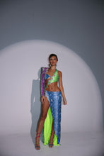 Load image into Gallery viewer, The ALICIA Dress with Split Leg Maxi Skirt in Multicolour Snake Print Sequin with Diamonte Snake Appliqués (Knicker Included)