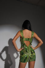 Load image into Gallery viewer, The JENNIFER Dress in Beaded Green Sequin with Luxe Gold Jewels and Draped Beaded Tassels