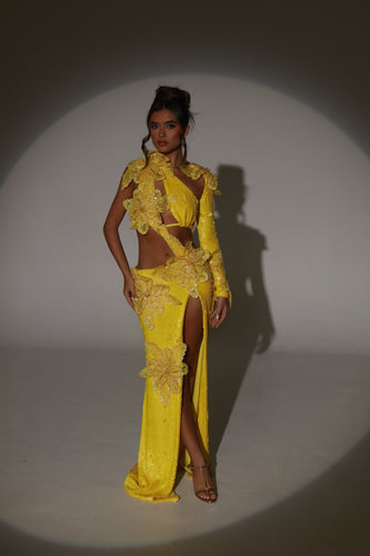 The ARIANNA 3D Flower Sequin Maxi Dress in Yellow