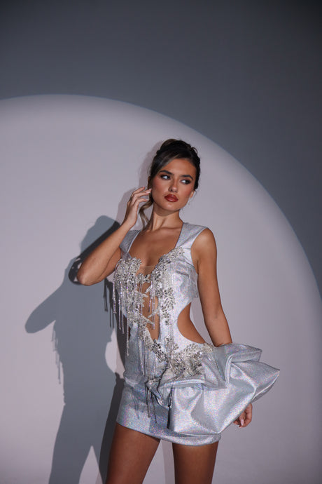 The IMOGEN Dress in Silver Sparkle with Hip Frill and Diamond Appliques