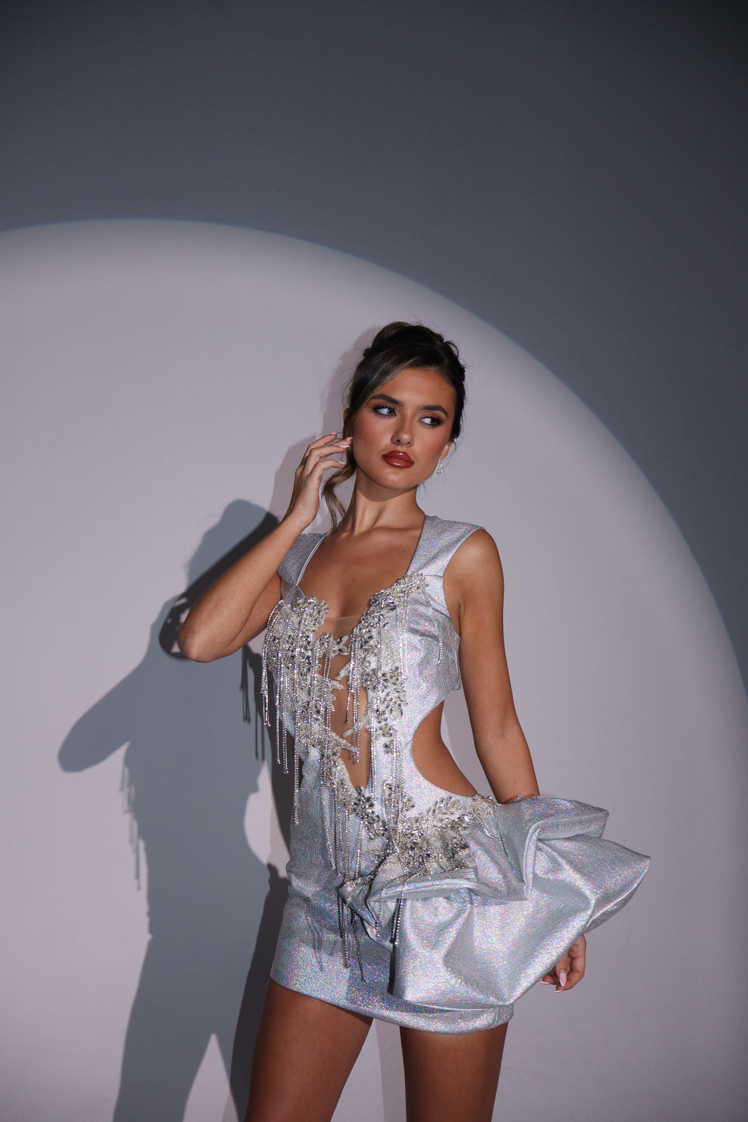 The IMOGEN Dress in Silver Sparkle with Hip Frill and Diamond Appliques