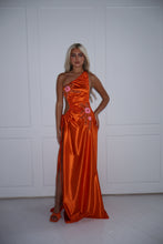 Load image into Gallery viewer, The GLOWYN Stretch Satin Maxi Dress with Floral Diamonte Embellishments (Orange)