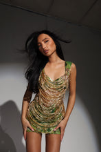 Load image into Gallery viewer, The JENNIFER Dress in Beaded Green Sequin with Luxe Gold Jewels and Draped Beaded Tassels