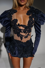 Load image into Gallery viewer, The DAHLIA Mesh Bodysuit with Satin Puffed Sleeves / Luxe Jewels and 3D Flower Skirt