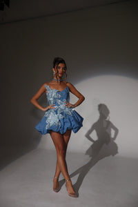 The MORGANA Denim Puffball Dress with 3D Flowers and Chain Choker