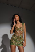 Load image into Gallery viewer, The JENNIFER Dress in Beaded Green Sequin with Luxe Gold Jewels and Draped Beaded Tassels