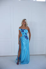 Load image into Gallery viewer, The GLOWYN Stretch Satin Maxi Dress with Floral Diamonte Embellishments (Blue)