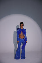 Load image into Gallery viewer, The VIOLET Cropped Jacket and Faux Leather Trousers with Feathers and Diamond Embellishments (Electric Blue)