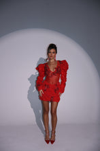 Load image into Gallery viewer, The DAHLIA Puffed Sleeve Bodysuit and Skirt with Diamond Details (Red)