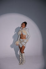 Load image into Gallery viewer, The LOLA Tweed Cropped Jacket and Skirt with Feathers and Gold Chain Details