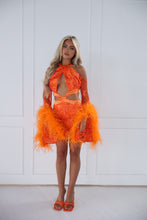 Load image into Gallery viewer, The BLUSHARA Dress with Feather Detail Sleeves - Orange Beaded Lace
