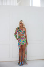 Load image into Gallery viewer, The ROSARA Top and Skirt in Printed Sequin with Green Safety Pin Features