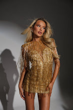 Load image into Gallery viewer, The HARRIET Beaded Gold Sequin Dress with Gold Beaded Fringing