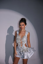 Load image into Gallery viewer, The IMOGEN Dress in Silver Sparkle with Hip Frill and Diamond Appliques