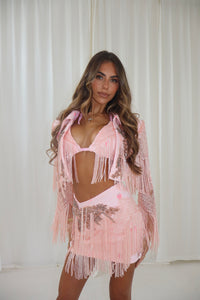 The THARA Cropped Blazer, Skirt and Bikini Top in Denim with Embellishments and Fringing details