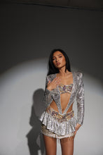 Load image into Gallery viewer, The LARISA Bodysuit and Skirt in Sparkle Zebra with Jewels and Beaded Tassels (Silver/Gold)