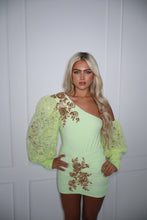 Load image into Gallery viewer, The KIKO Bodysuit and Skirt - Stretch Body with Gold Embellishments and Beaded Lace Sleeves (Lime)