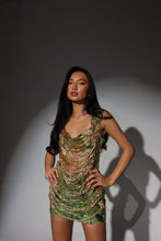 Load image into Gallery viewer, The JENNIFER Dress in Beaded Green Sequin with Luxe Gold Jewels and Draped Beaded Tassels