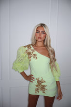 Load image into Gallery viewer, The KIKO Bodysuit and Skirt - Stretch Body with Gold Embellishments and Beaded Lace Sleeves (Lime)
