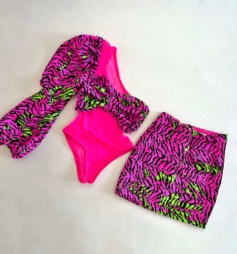 PROMOTION CO-ORD - Pink/Green Zebra Sequin with mesh
