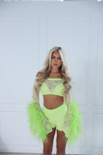 Load image into Gallery viewer, The FLORINE Top and Shorts with Feather Details - Beaded Lime Lace