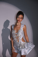 Load image into Gallery viewer, The IMOGEN Dress in Silver Sparkle with Hip Frill and Diamond Appliques