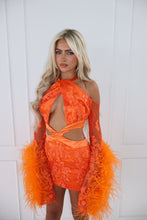 Load image into Gallery viewer, The BLUSHARA Dress with Feather Detail Sleeves - Orange Beaded Lace